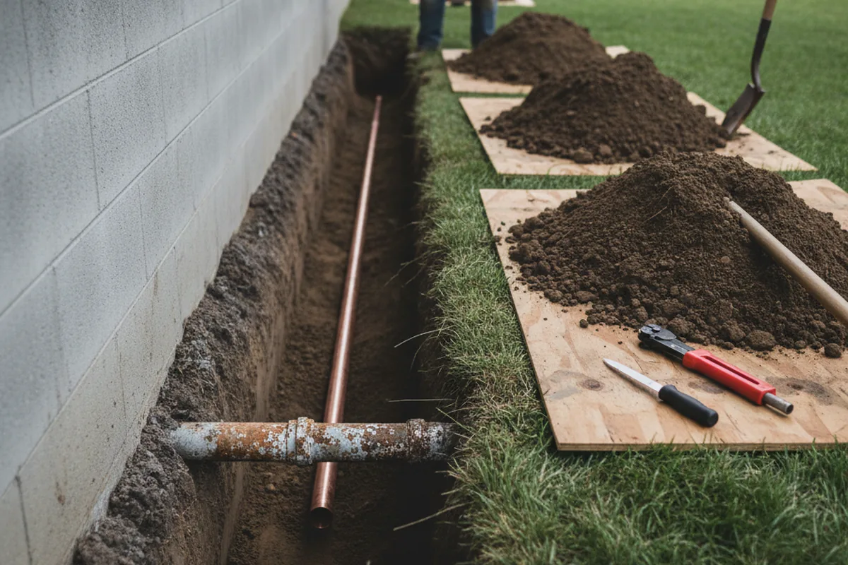 Excavated water line trench during Sewer Line Repair in Galivants Ferry